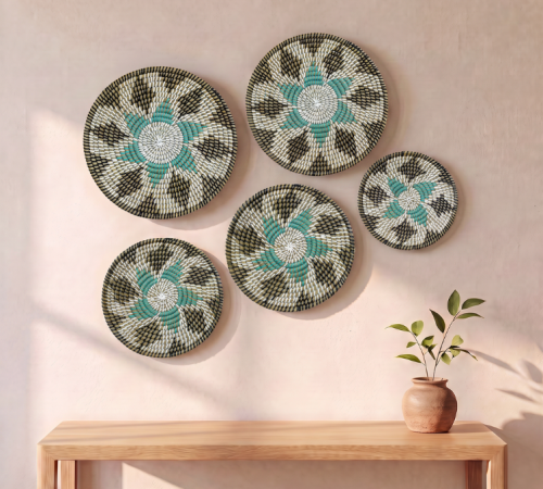 Handwoven Kansgrass Wall Mats Set of 5 – Multicolor Jute Style Spiral Wall Decor P1