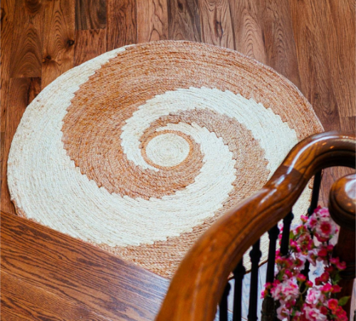 Braided Jute Round Rug – Spiral Coil, White & Natural