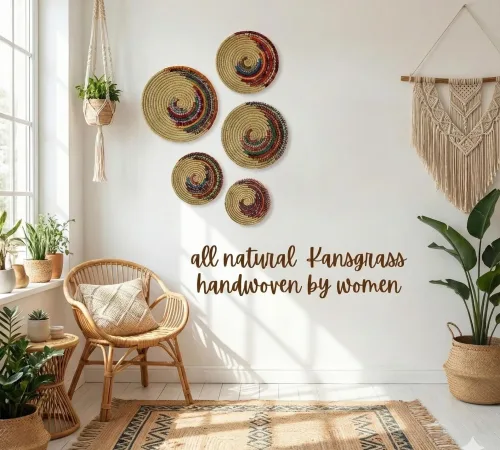Handwoven Kansgrass & Recycled Sari Wall Decor – Multicolour